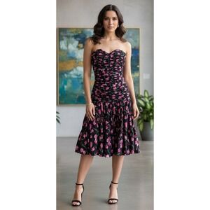 Vintage Capriccio Floral Sweetheart Ruched Strapless Dress Flare Party 80s Sz 4